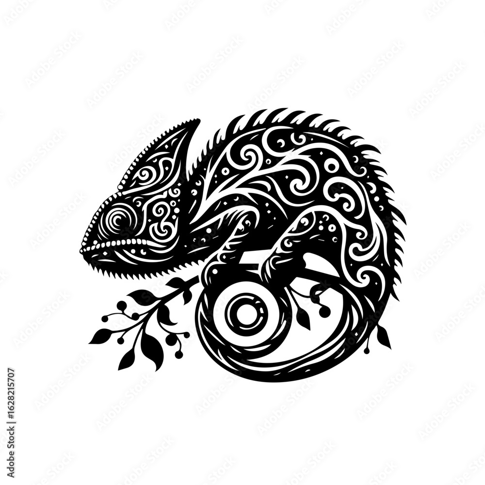 Fototapeta premium Intricate black chameleon illustration with ornamental tribal patterns.