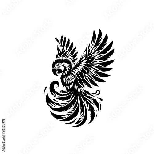 Majestic Flying Parrot in a Stylized Tribal Art Style.