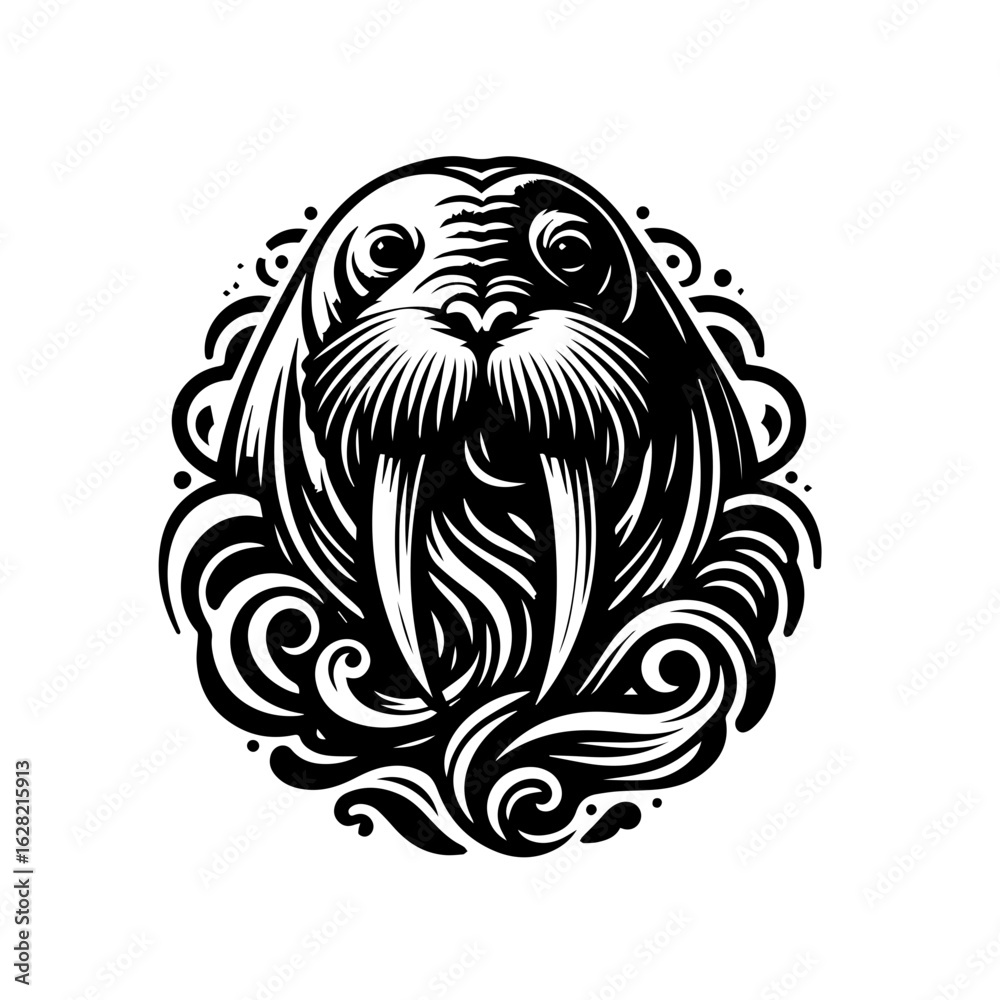 Obraz premium Ornate Walrus Head Graphic Illustration with Tusks.