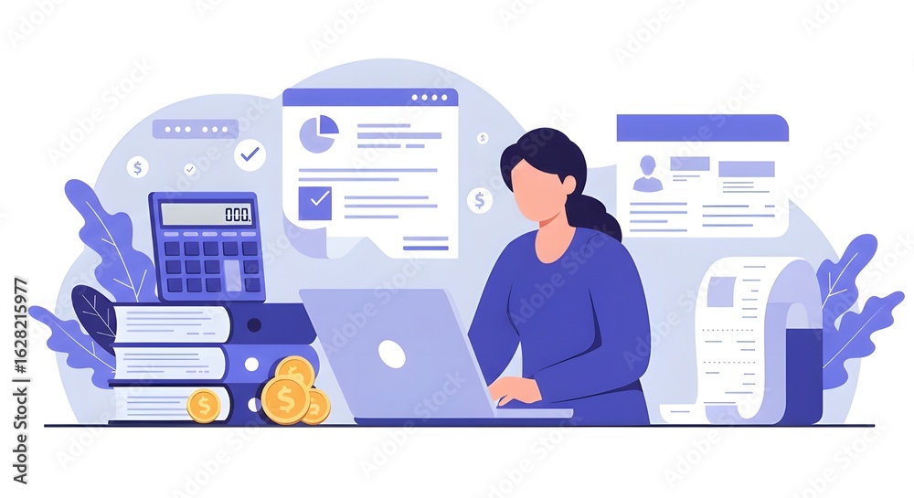 Obraz premium Dedicated Accountant Balancing Books With Calculator, Receipts, And Laptop In Organized Office, Managing Financial Records, Bookkeeping, Expense Tracking, And Ensuring Accurate Accounting