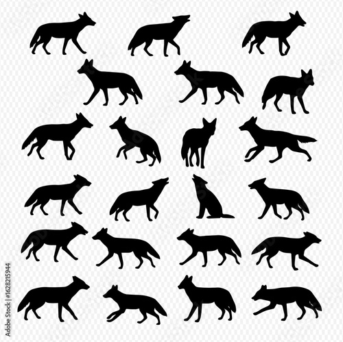 A collection of black wolf and canid silhouettes in various dynamic poses like walking, running, and howling.