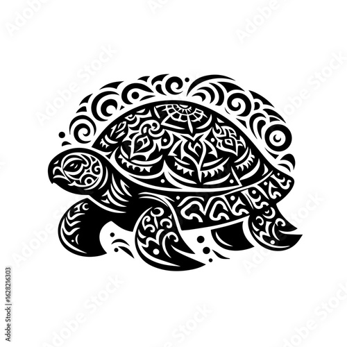 Stylized turtle with intricate Polynesian patterns.