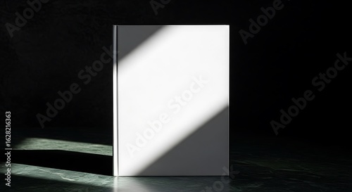 White book cover mockup with dramatic lighting on dark marble surface