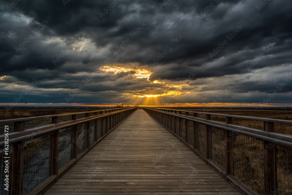 Obraz premium Dramatic sunset over a boardwalk trail