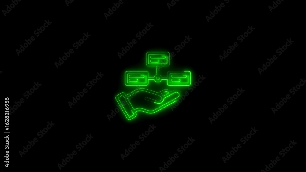 Obraz premium Green neon illustration of hand holding digital network diagram against black background
