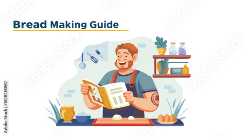 Man reading a bread making guide with ingredients and kitchen utensils in a bright and colorful illustration