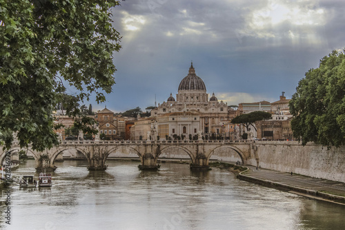 St. Peter's Basilica and Ponte Sant'Angelo over Tiber River in Rome, Italy