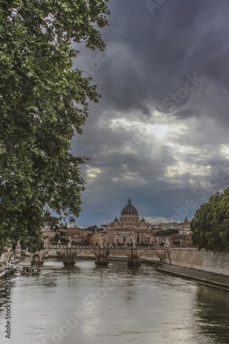 St. Peter's Basilica and Ponte Sant'Angelo over Tiber River in Rome, Italy