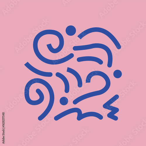 Abstract squiggle design, Bold irregular hand drawn doodles in modern freestyle pattern with playful curved lines in blue on pink