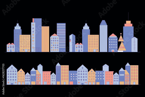 Cityscape illustration with various buildings and skyscrapers against a black backdrop depicting modern urban architecture and city life