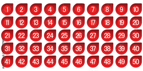 Red Number Set from 1 to 50  Modern Badge Style for Infographics, UI, and Education