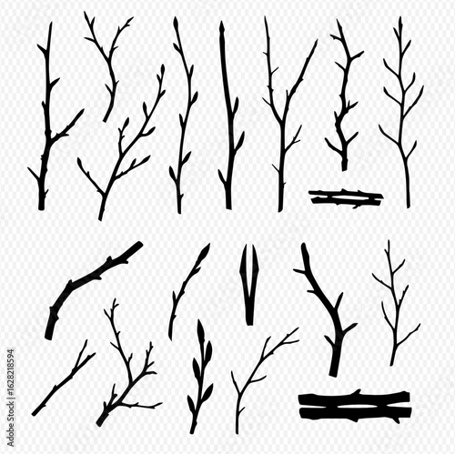 A collection of black silhouettes showing various bare tree branches, sticks, and twigs on a transparent background.