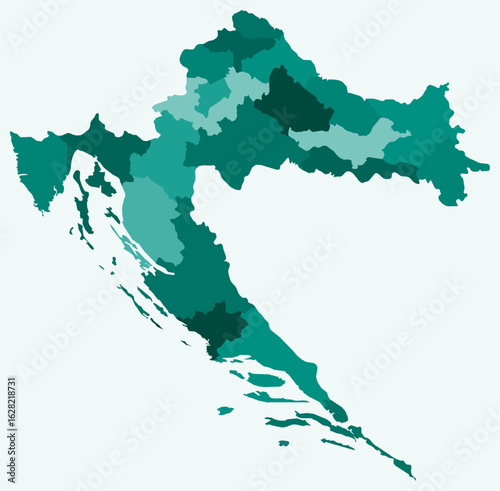 Map of Croatia with regions. Just a simple country border map with region division. Teal color palette. Flat Croatia shape with administrative division. Vector illustration.