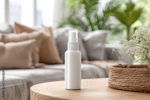 White spray bottle on a wooden coffee table in a living room