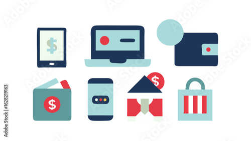 Finance and Banking Icon Set Including Mobile Banking, Investment, Credit Card, Loan, ATM, Budgeting, Savings, and Money Transfer Symbols in Vector