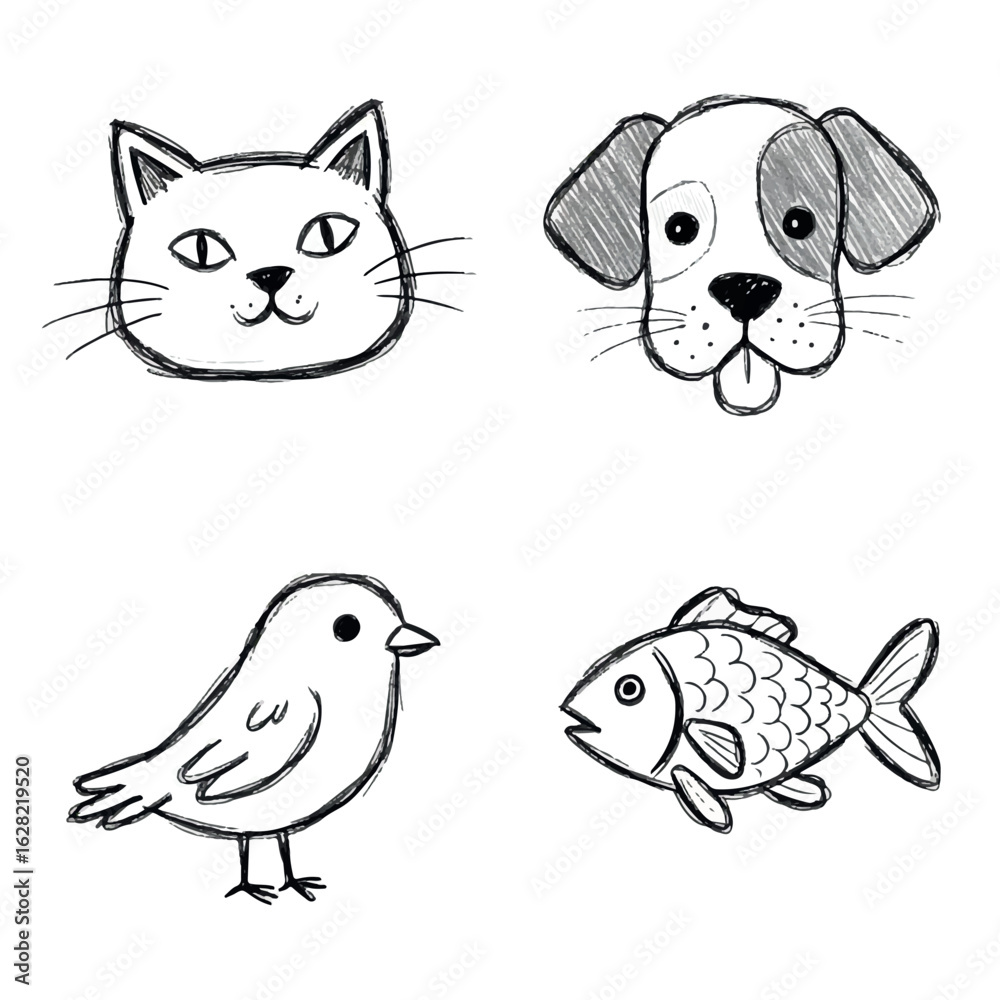 Obraz premium Illustration set of cute animal icons: cat, dog, bird, fish