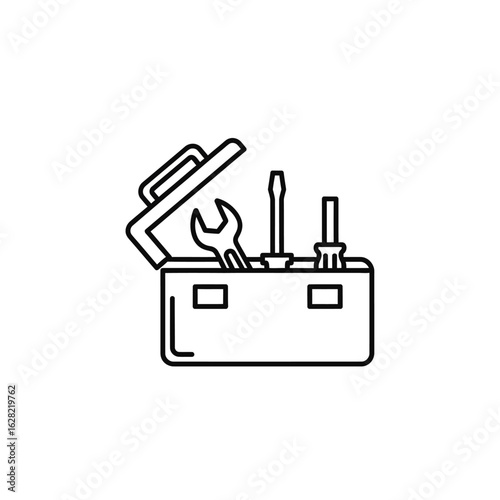 A minimalist line art icon depicts an open toolbox containing essential repair tools like a wrench and screwdrivers, symbolizing maintenance and service.