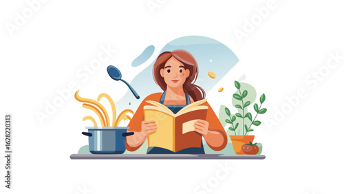 Woman reading a cookbook while cooking pasta with a spoon and a plant on the side table