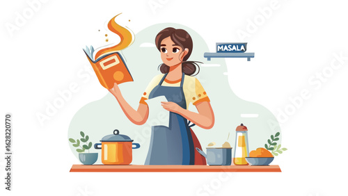 Woman in apron reading recipe book with cooking pots and ingredients on counter with masala sign above