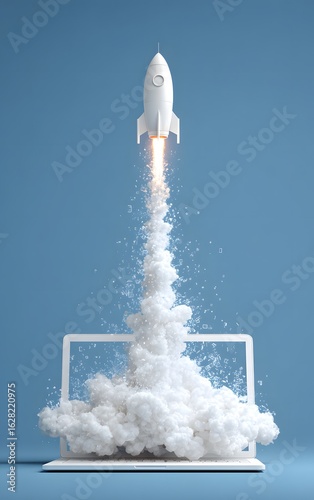 Startup rocket launch from laptop platform digital innovation concept 3d illustration blue background