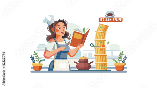 Woman chef reading italian recipe book with pasta pot and plant on the counter in the kitchen scene