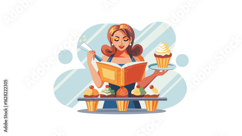 Illustration of a woman reading a cookbook while holding a cupcake and surrounded by cupcakes