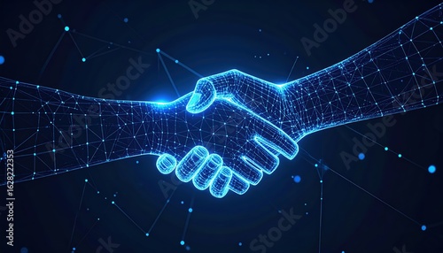 Digital handshake signifies agreement and collaboration through interconnected network representing future of technology and global partnerships in a modern world.