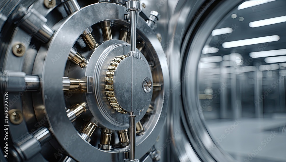 Obraz premium Close-up of a large, steel vault door, intricate metal mechanisms and circular design