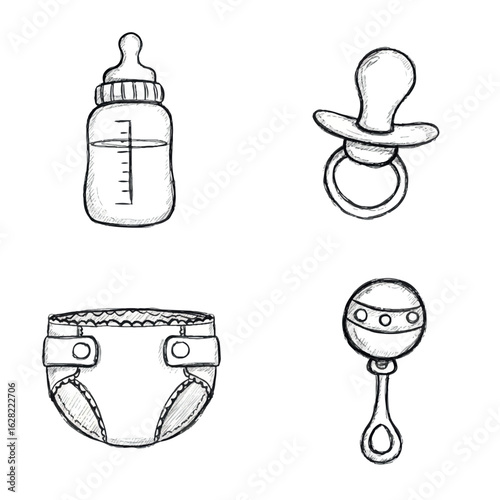 Baby accessories sketch set in black and white