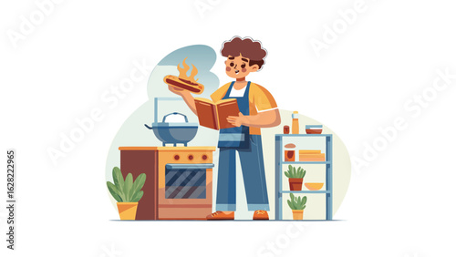 Man in kitchen reading a cookbook while cooking with pot on stove and shelf with plants behind him