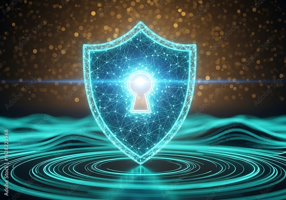 Fototapeta premium Cybersecurity Shield: Abstract Network Protection, Glowing Teal, Futuristic Style