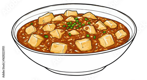 Delicious bowl of mapo tofu with spicy sauce and green onions