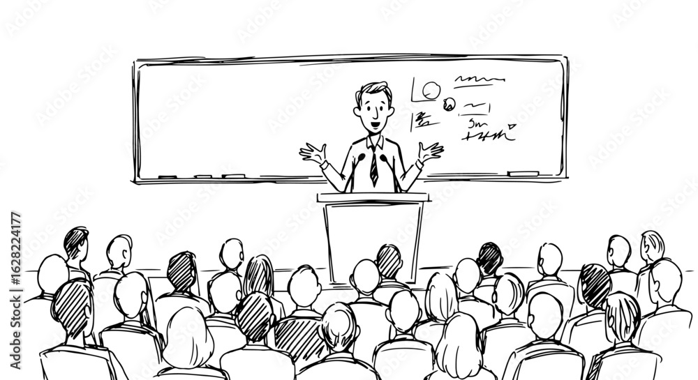 Obraz premium Academic lecture scene with speaker and engaged audience for educational presentation design