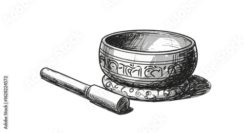 Meditation serenity with singing bowl and stick illustration for mindfulness decor