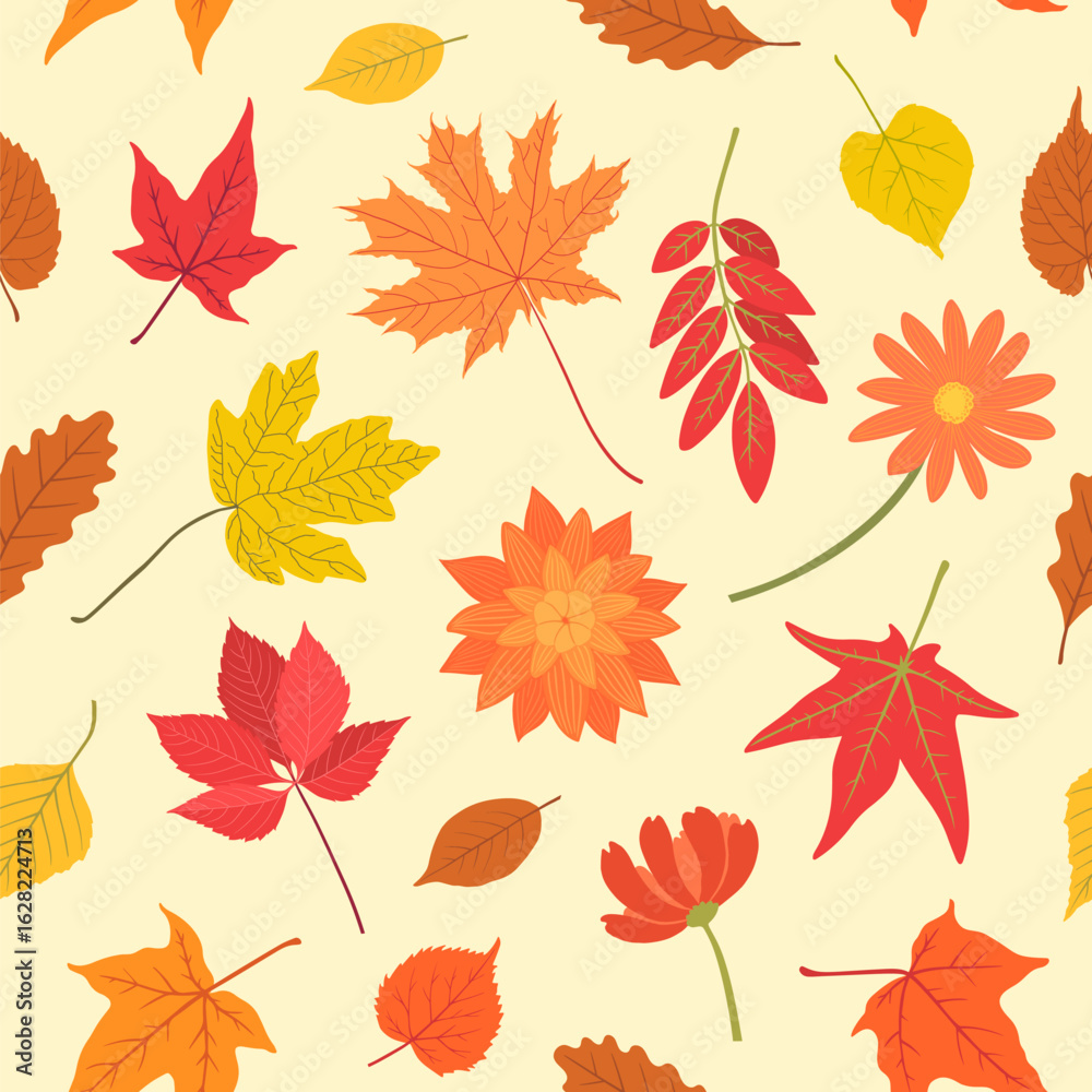 Fototapeta premium Fall leaves seamless pattern. Autumn foliage vortex repeat design. Hand drawn autumnal background. Dry maple leaf, golden yellow birch, red rowan, etc. Thanksgiving backdrop vector illustration.