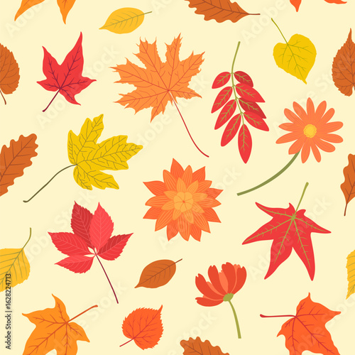 Fall leaves seamless pattern. Autumn foliage vortex repeat design. Hand drawn autumnal background. Dry maple leaf, golden yellow birch, red rowan, etc. Thanksgiving backdrop vector illustration.