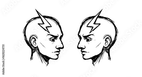 Conceptual illustration of duality with two heads and lightning bolt connection