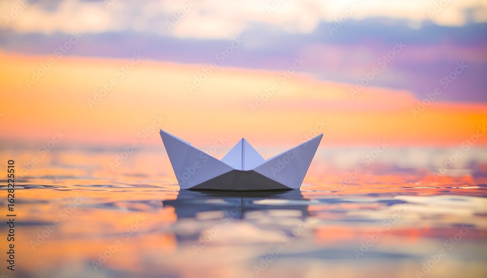 Obraz premium White Paper Boat Floating on Calm Water at Sunset