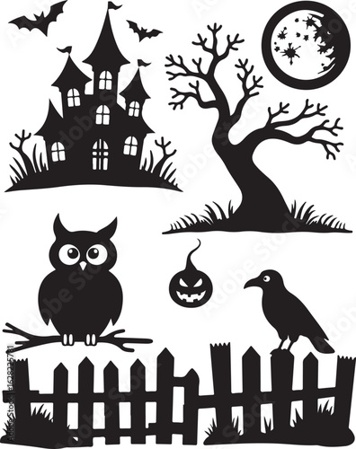 Spooky Halloween silhouettes: Haunted house, owl, raven, and bats in the night