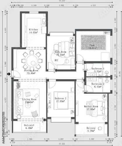Floor plan of a modern apartment with four bedrooms