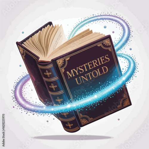 Magic book Mysteries Untold with a glowing swirl vector illustration Fantasy spellbook for adventure storytelling or wizard concepts