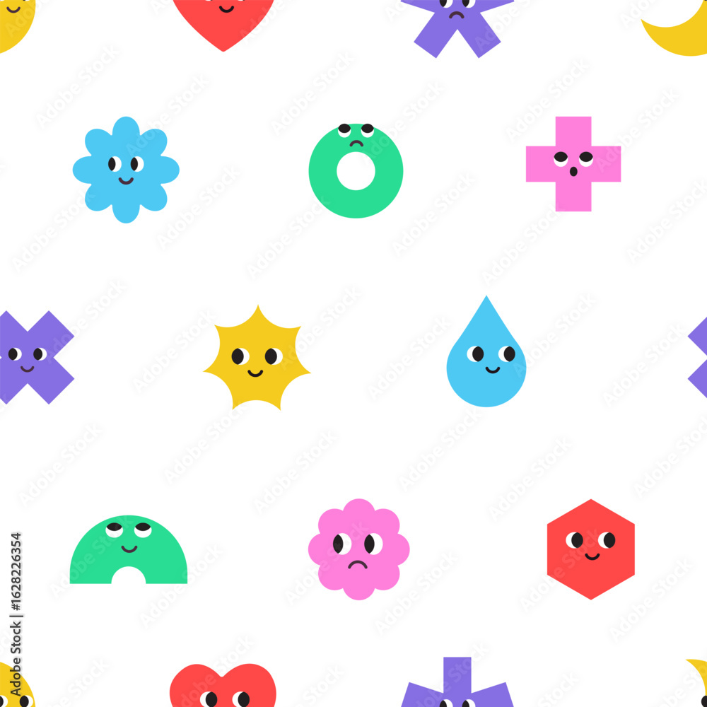 Fototapeta premium Seamless pattern of basic Geometric Figures with face emotions. Set of different shapes square, circle, rectangle, flower, star etc. Funny characters background. Cute vector illustration for kids 