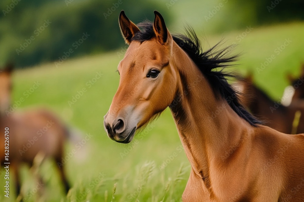 Fototapeta premium Close-up of a small brown Arabian foal with another animal in the horse closeup detail