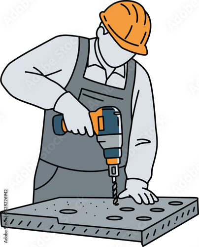 Cartoon vector illustration of a funny construction worker character with a drill and a saw perfect for any job or business related occupation