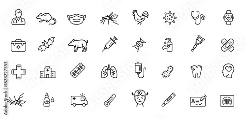 Medical Healthcare icons set symbols. Health disease treatment illness prevention. Medicine science epidemic infection research clinic. Line art black on white background