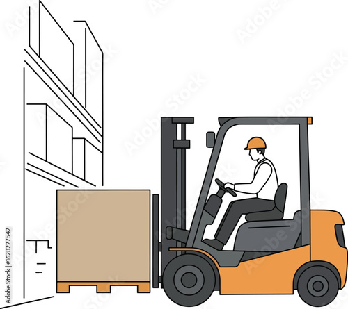 Yellow heavy duty industrial forklift truck lifting cargo on a pallet in a warehouse