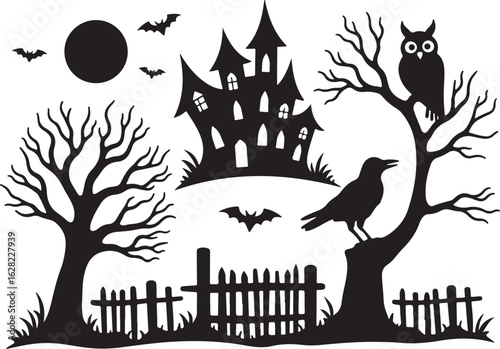 Spooky Halloween silhouette scene with haunted house, bats, owl, and crow
