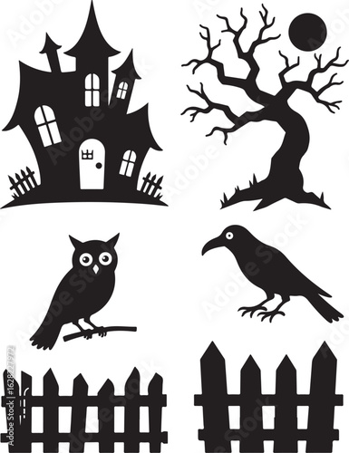 Spooky Halloween silhouettes of haunted house, owl, raven, and eerie tree