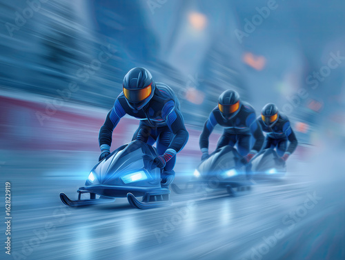 Three athletes in sleek blue suits racing on a bobsled track, showcasing speed and teamwork in a dynamic winter sports environment with blurred motion effects