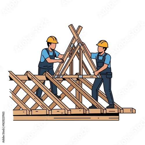 Two construction workers wearing safety helmets assemble a wooden roof truss on a building frame, illustrating teamwork and construction.
